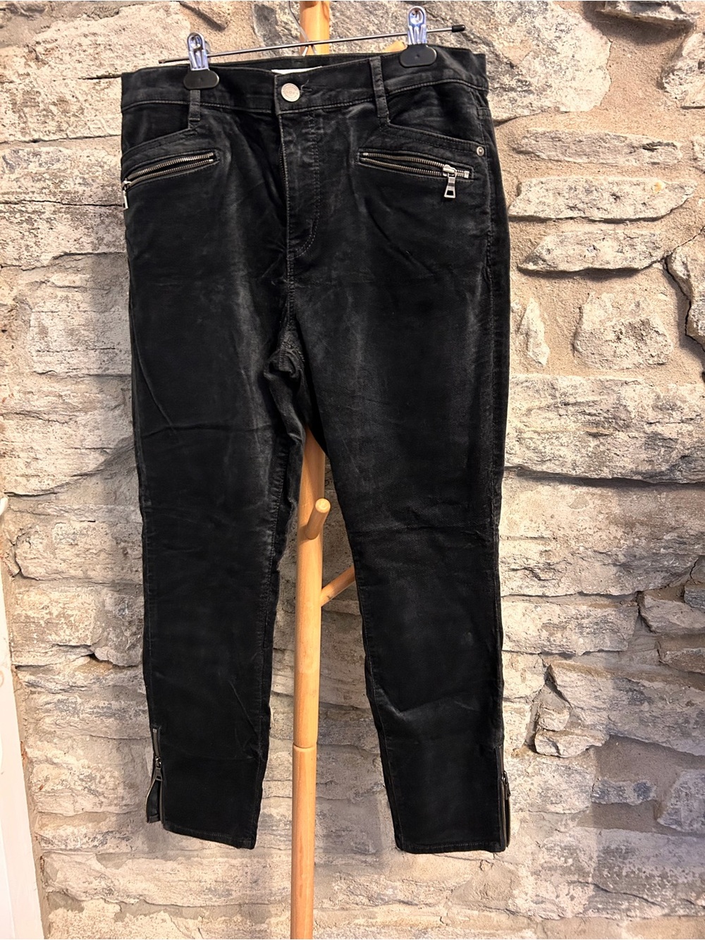 Charcoal velvet jeans with zipper details